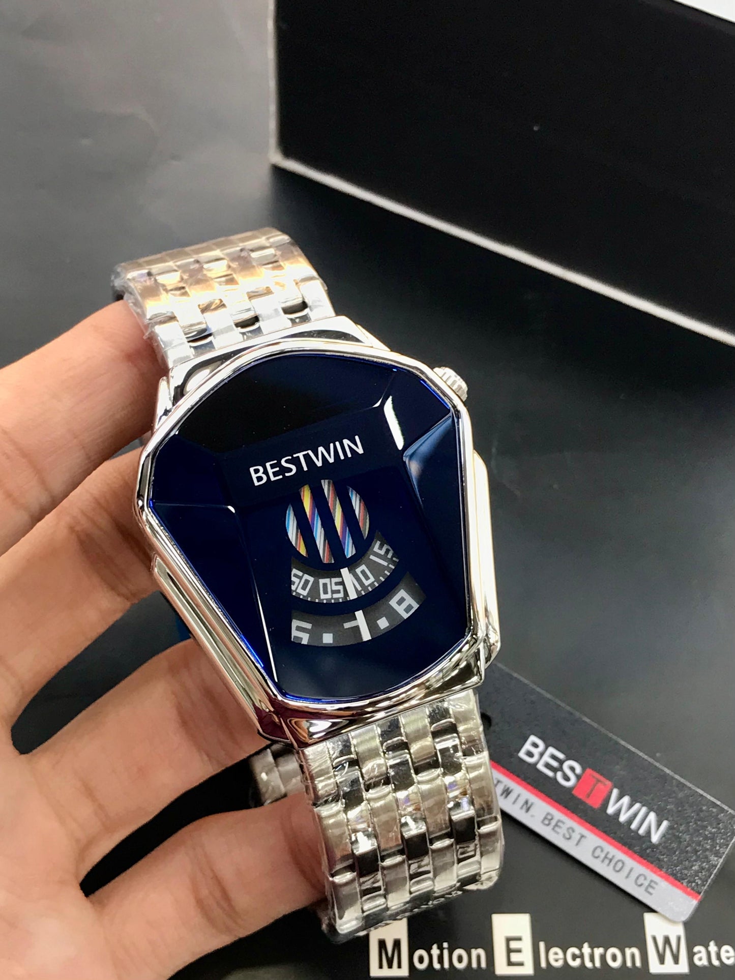 BESTWIN Diamond Blue Dial Watch with Silver Chain